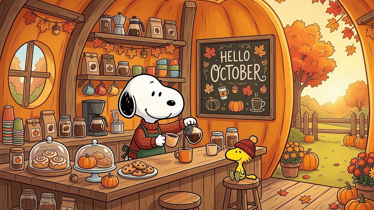October Coffee Shop with Snoopy ☕ Autumn Coffee Ambience for Reading, Relaxing & Chilling