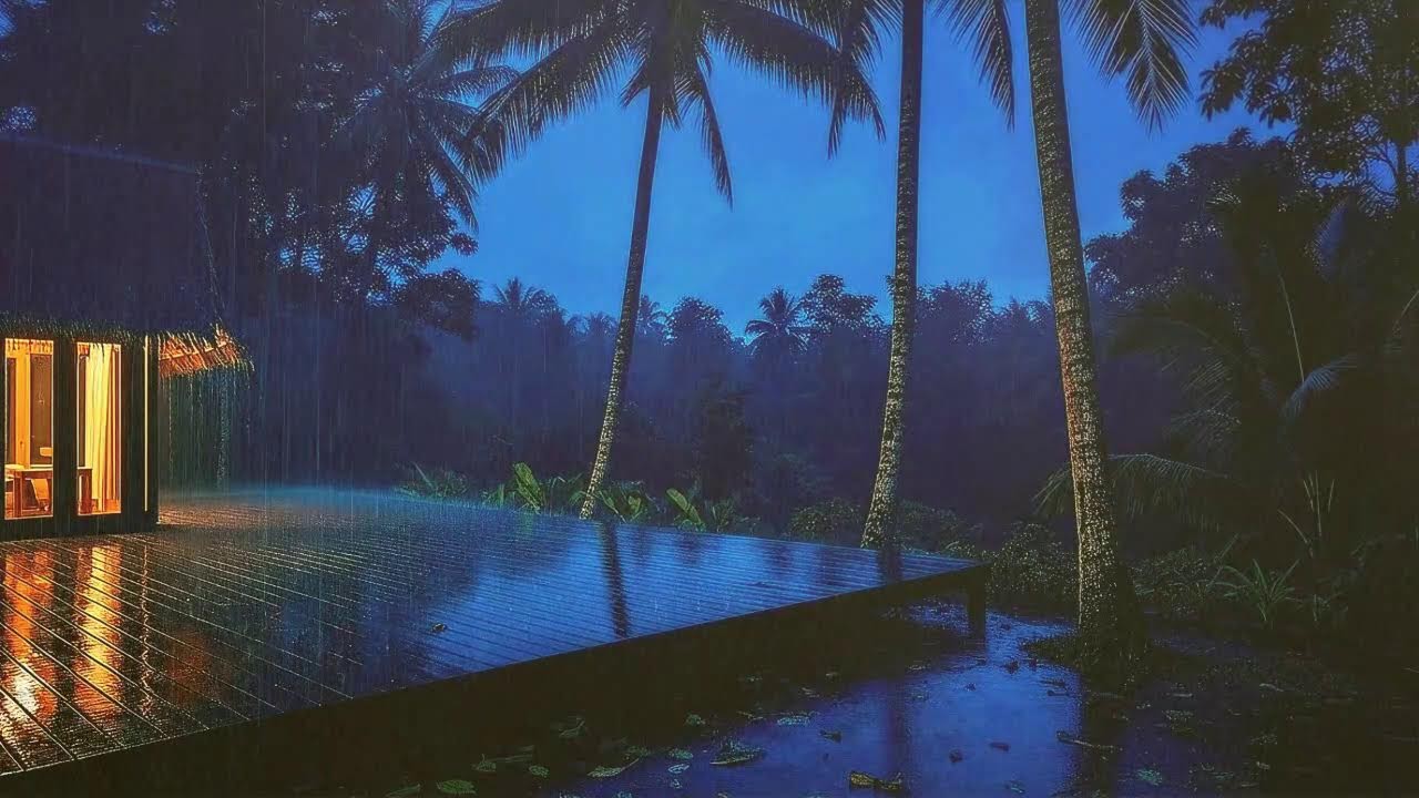 Quick Sleep with Soft Rainfall and Distant Thunder Murmur at Forest Cabin Terrace 🌧️