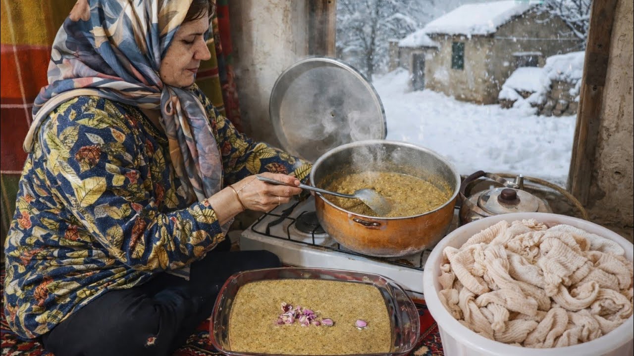 Snowy Village Life in Iran | Traditional Winter Cooking (Tarkhineh & Tripe) | Zire Joosh