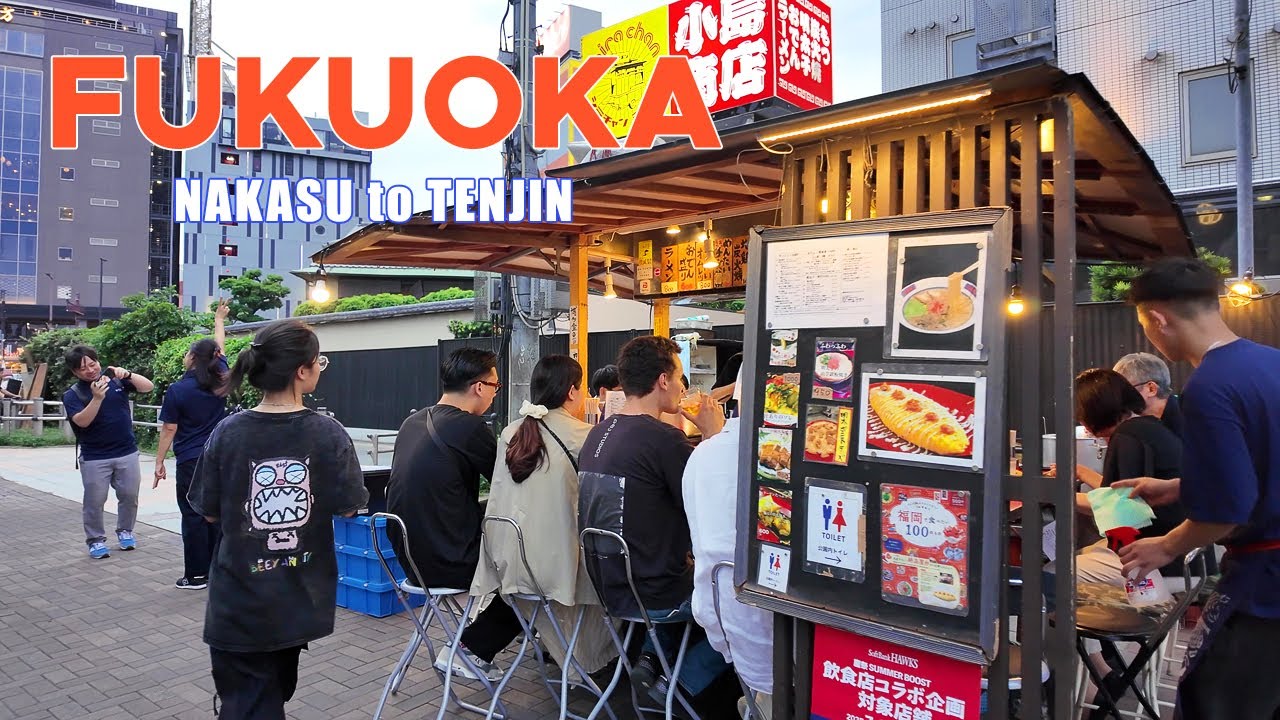 [4K]🇯🇵 Прогулка по Фукуоке: районы Накасу и Тэндзин в дождливый день🍜☔Jul 2025