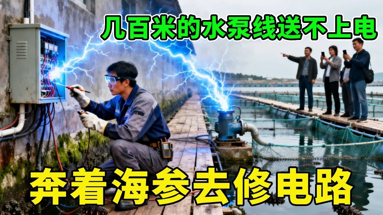 奔着老板的海参去修电路，几百米的水泵线送不上电，没想到全都在半路漏完了！【城阳电工电路】