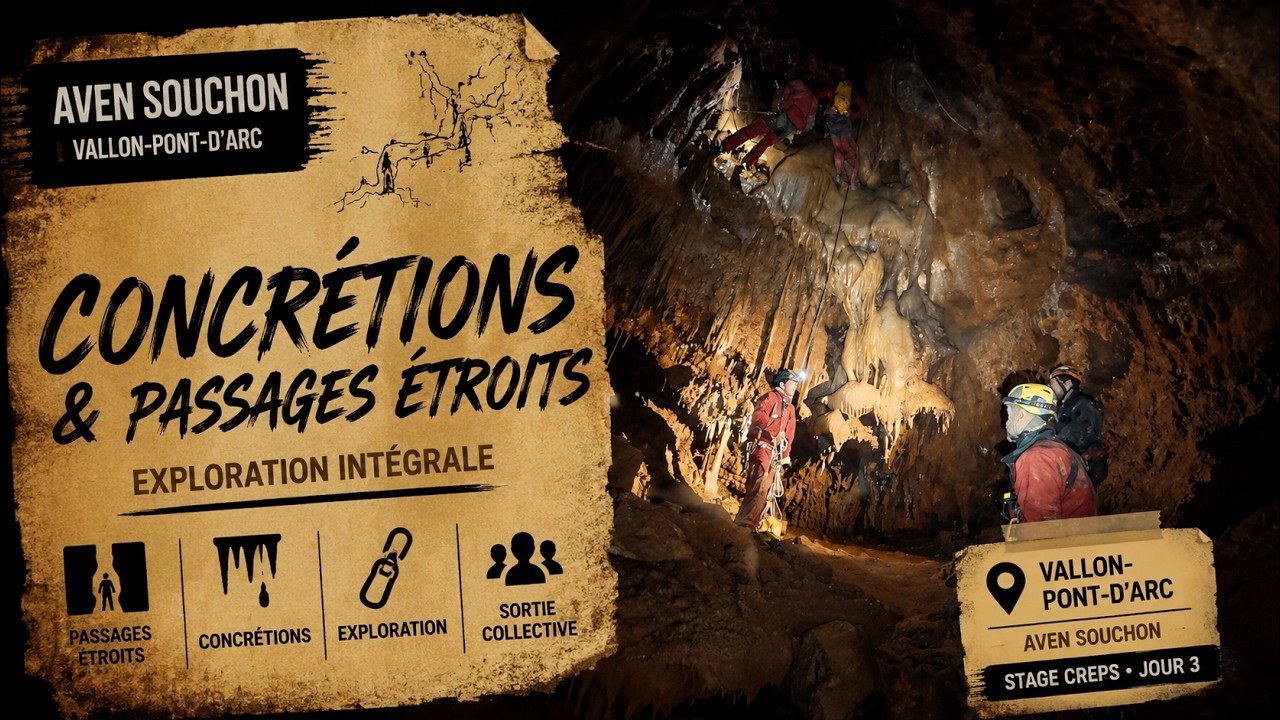 Spéléologie – Aven Souchon 🕳️ Concrétions & passages étroits | Stage CREPS Vallon-Pont-d’Arc