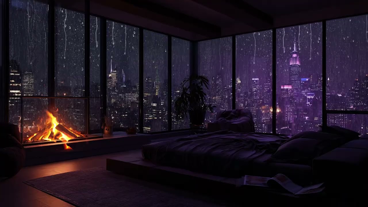 Rain and Piano Under City Lights 🌧️ | Fireplace Ambience for Deep Relaxation and Calm Focus