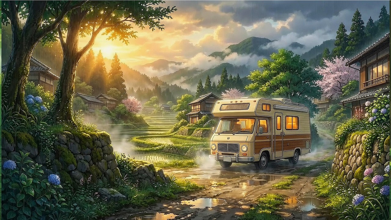 Relaxing Cozy Rainy Day in a Luxury Motorhome  Autumn Fore 🌿🏠  Ghibli-Style Video