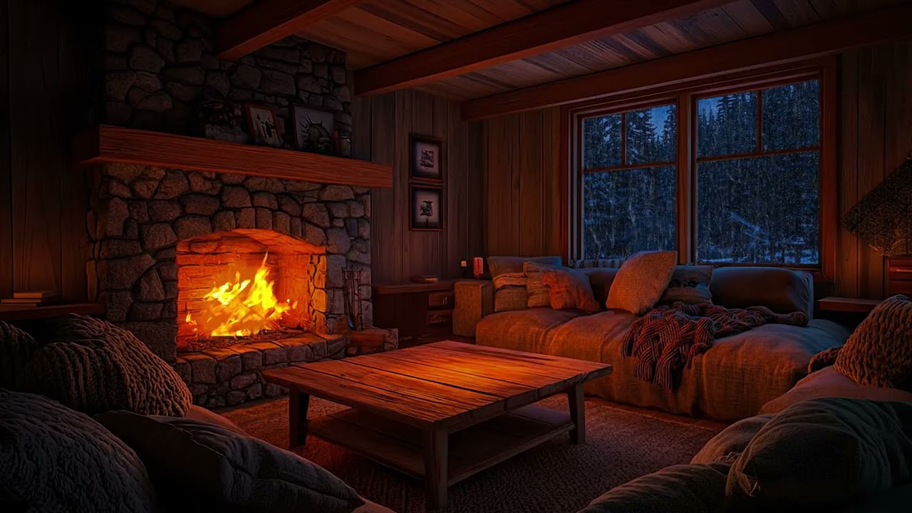 Cozy Winter Cabin Ambience | Heavy Snowfall, Sleeping Dog & Crackling Fireplace Sounds