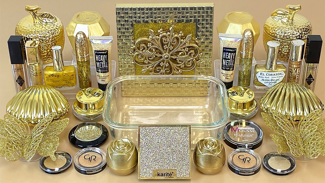 GOLD SLIME💛 Mixing makeup and glitter into Clear Slime 💯% ASMR Satisfying Slime Videos 1080p