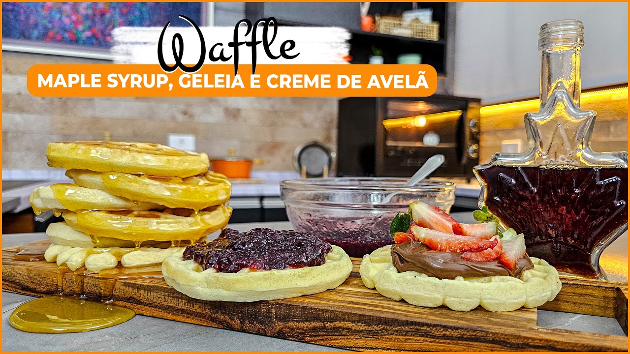 Waffle clássico - toppings de maple syrup, creme de avelã e geleia
