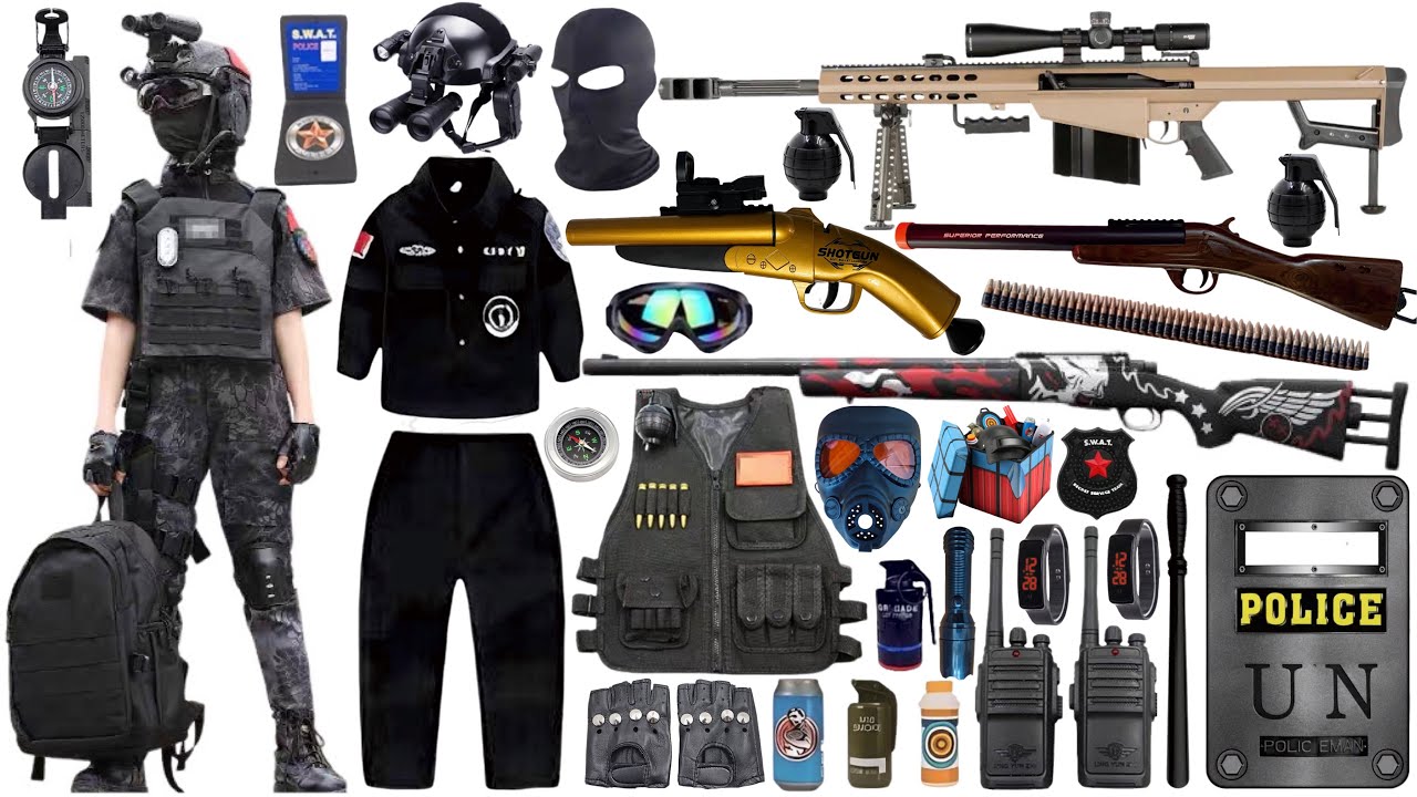 Open box special police weapon toy set, M870 shotgun, M416 rifle, M24 sniper rifle,AK47, bomb dagger