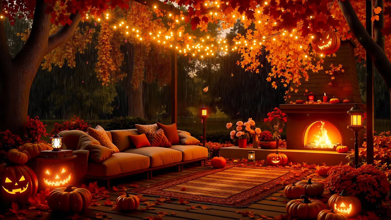 Spooky Cozy Autumn 🍁🌙 Pumpkins Glow, Rain Sounds & Fire Ambience for Calm Halloween Nights
