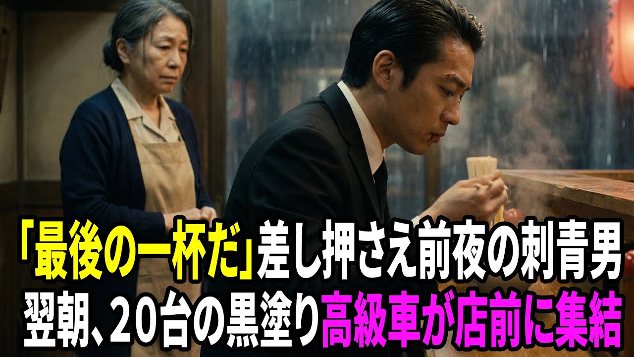 【感動する話】「これが店の最後の一杯だ、食っていきな」差し押さえ前夜に匿った無一文の刺青男…翌朝、黒塗りの高級車が20台並んで