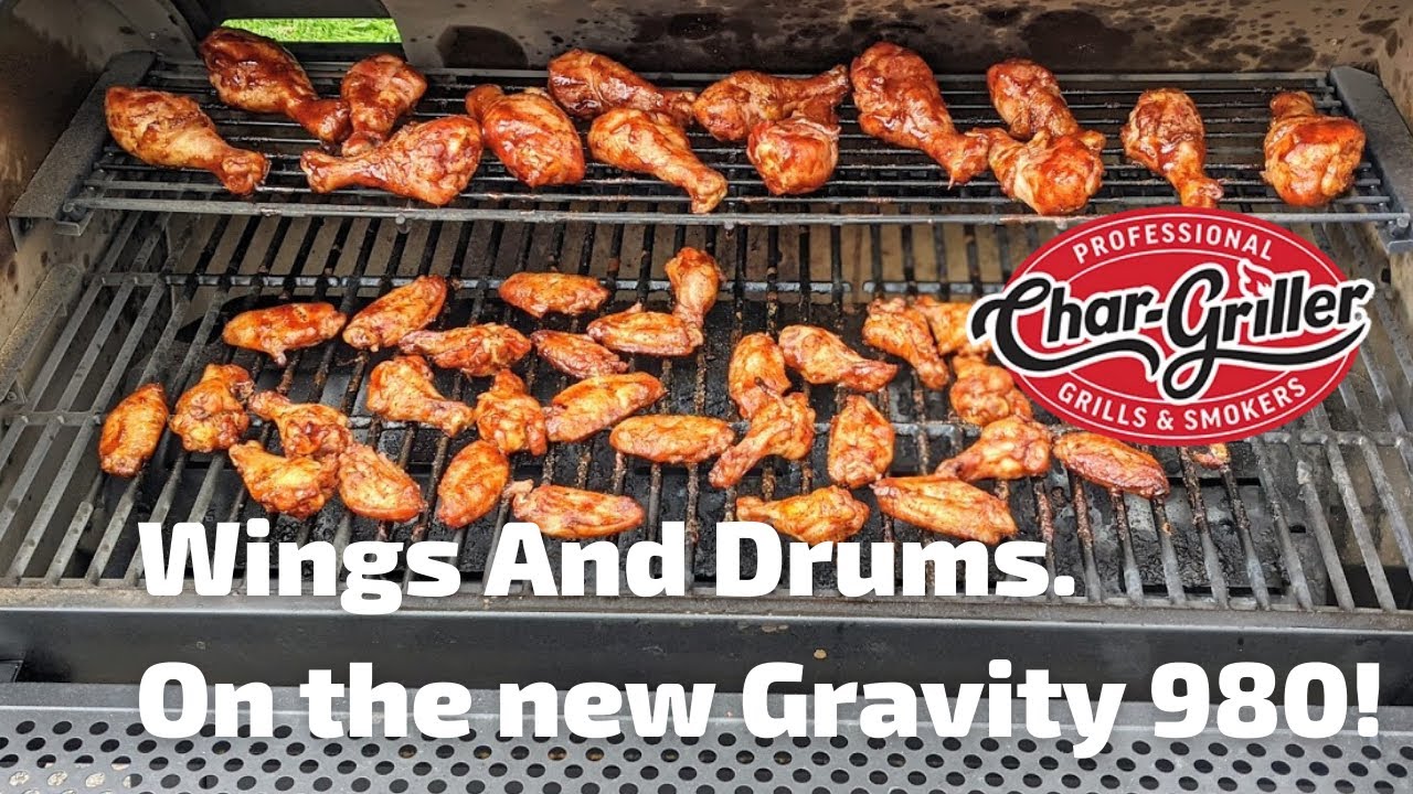 Wings and Drums on the Char-Griller 980 Gravity Fed Charcoal Grill!