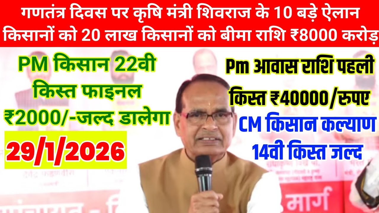 गणतंत्र दिवस कृषि मंत्री शिवराज के 10 बड़े ऐलान/20 लाख किसानों को बीमा राशि/₹8000 करोड़/आवास राशि/
