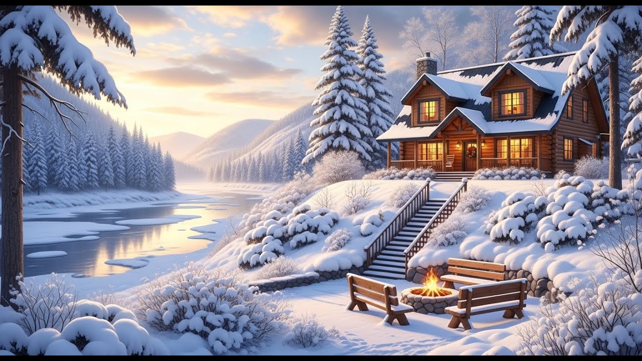 Winter Cabin Ambience ❄️ Lakeside Fireplace Sounds for Deep Sleep, Relaxation & Peaceful Nights 60+