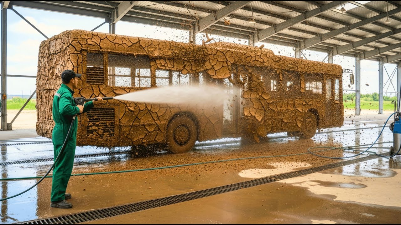Самый грязный автобус Америки отправляется на тяжелую мойку