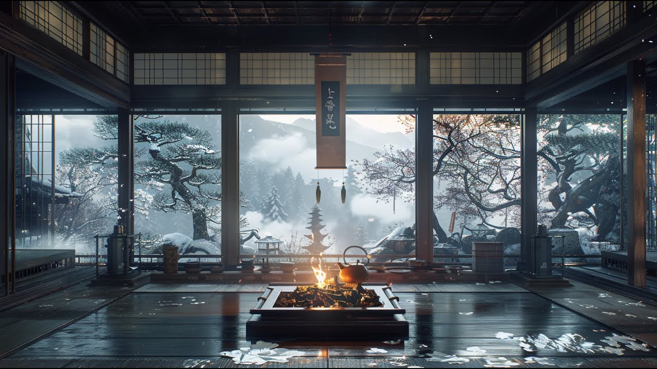 Study Work Sleep Background Music | Relaxing Winter Japanese Fire Ambience
