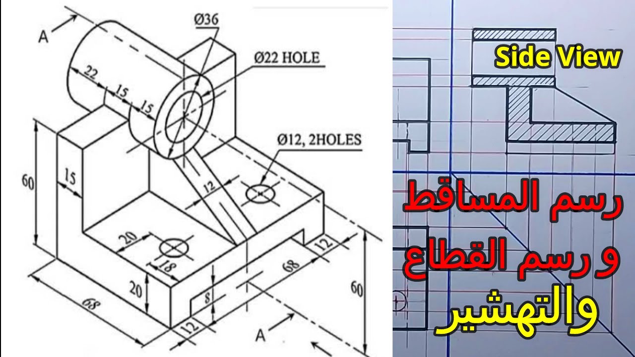 رسم المساقط الثلاثة من المنظور  ورسم القطاعات والتهشير