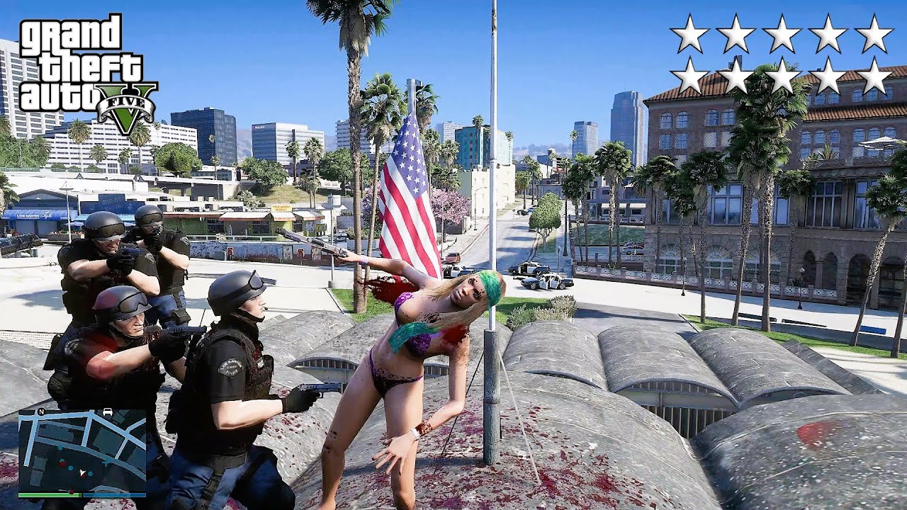 GTA 5 - Beach Girl’s TEN STAR COP BATTLE At The Lifeguard HQ (GTA V Funny Moment)