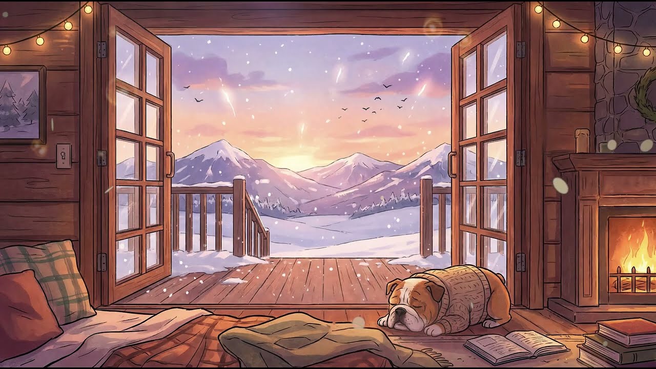 Winter Cabin Lofi – Cozy Fireplace & Bulldog for Study, Relax & Focus ❄️🔥