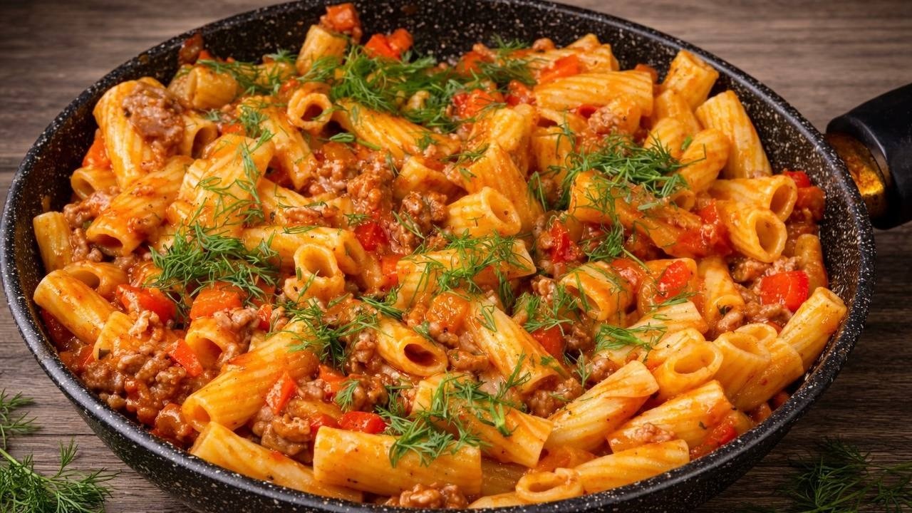 Perfektes Abendessen: Pasta mit Tomatenmark und Hackfleisch!