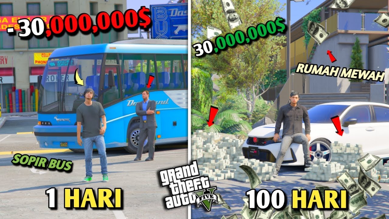 100 HARI DI GTA 5 DARI NGANGGUR SAMPE JADI SUPIR BUS MUDA PALING TERKAYA