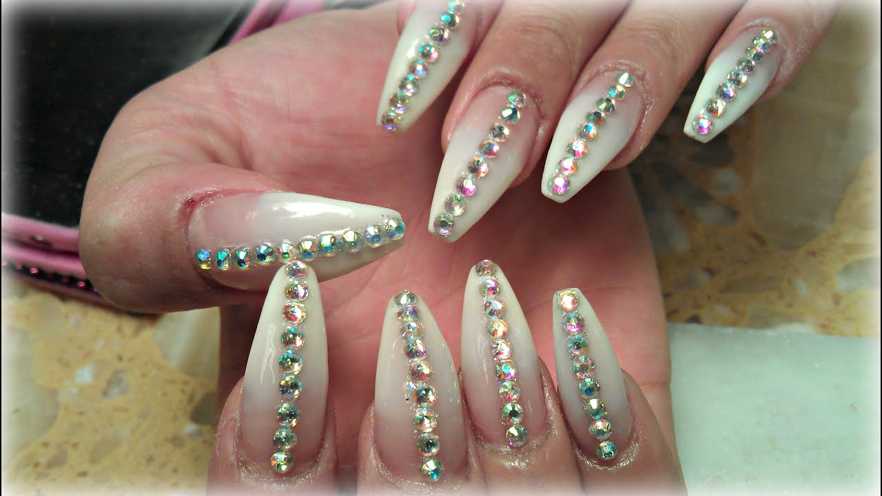HOW TO OMBRE NUDE ACRYLIC NAILS COFFIN SHAPED DIAMOND DESIGNS BABY BOOMER