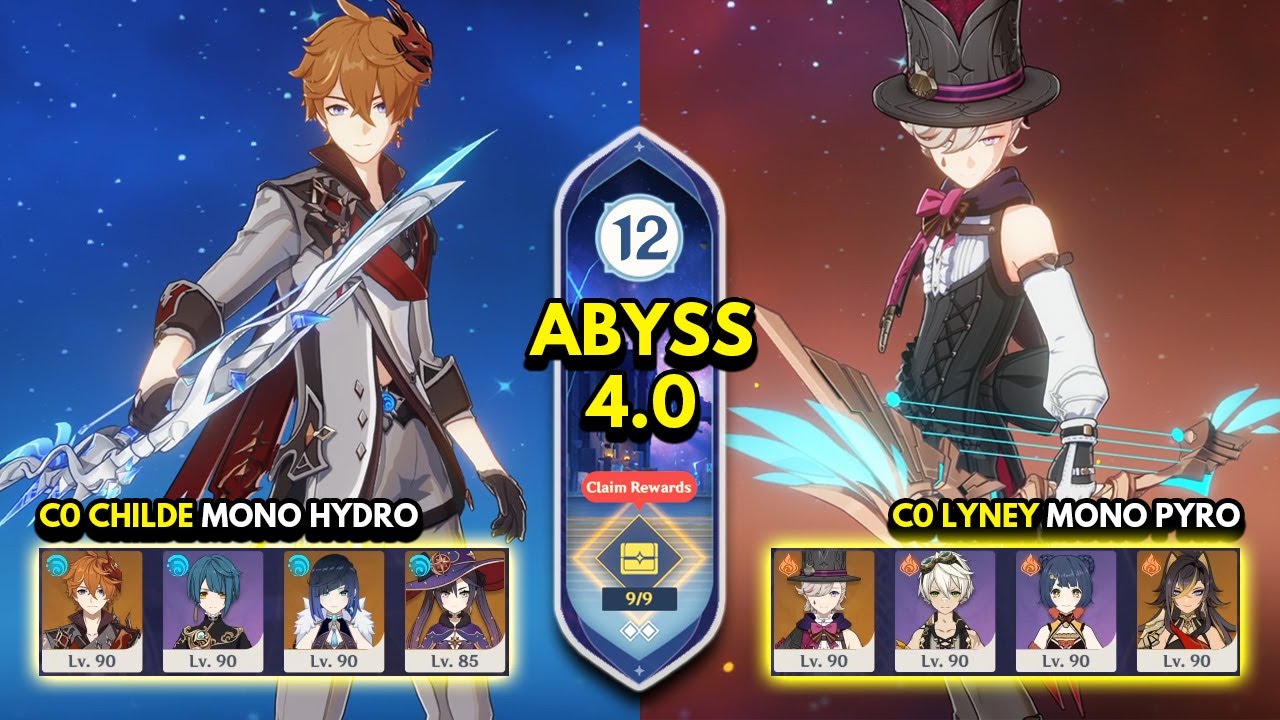 C0 Childe Mono Hydro & C0 Lyney Mono Pyro | Spiral Abyss 4.0 Floor 12 9 Stars | Genshin Impact 4.0