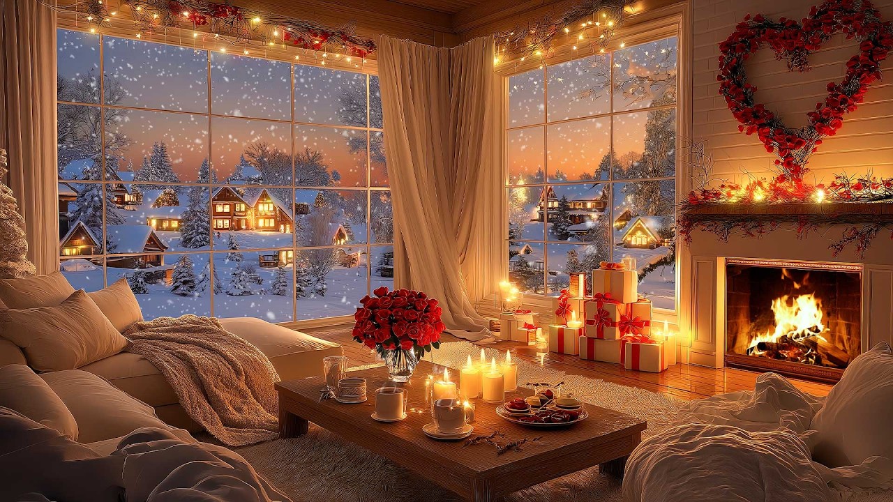 Snowy On Window & Fireplace Crackles in Cozy Living Room Ambience ❄️Gentle Piano for Calm and Relax