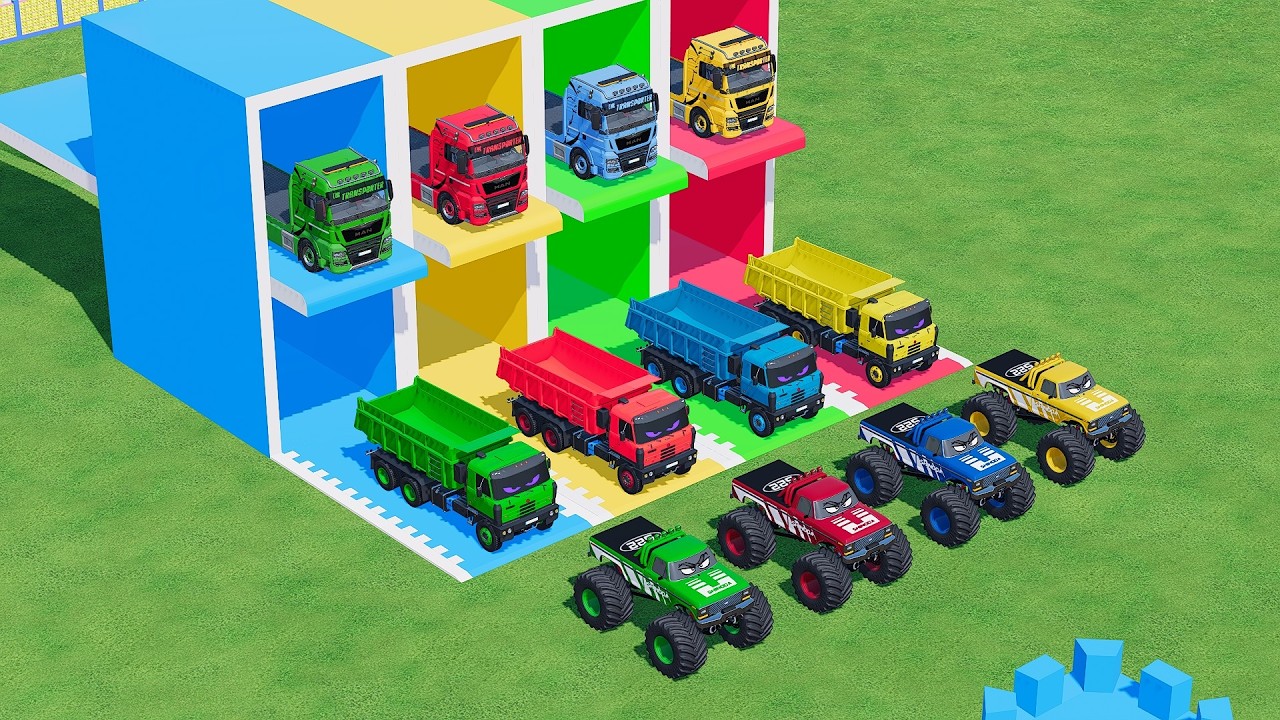 Garage with Colors   ALL MIXER TRUCK WITH DOUBLE FLATBED TRAILER TRUCK, VOLVO, MONSTER TRUCK