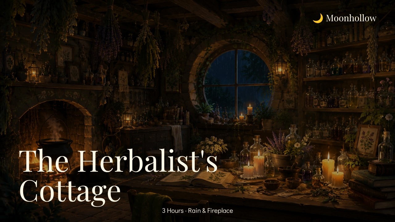 Cozy Witch Cottage Ambience 🌧️ Rain, Fireplace & Cat Purring | 1 Hour for Study & Sleep