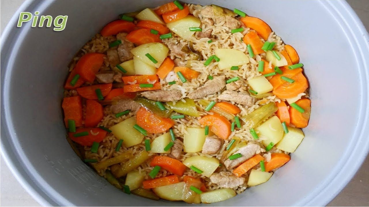 Reis mit Fleisch und Gemüse im Reiskocher/einfach chinesisch kochen/gesundes und leckeres Essen