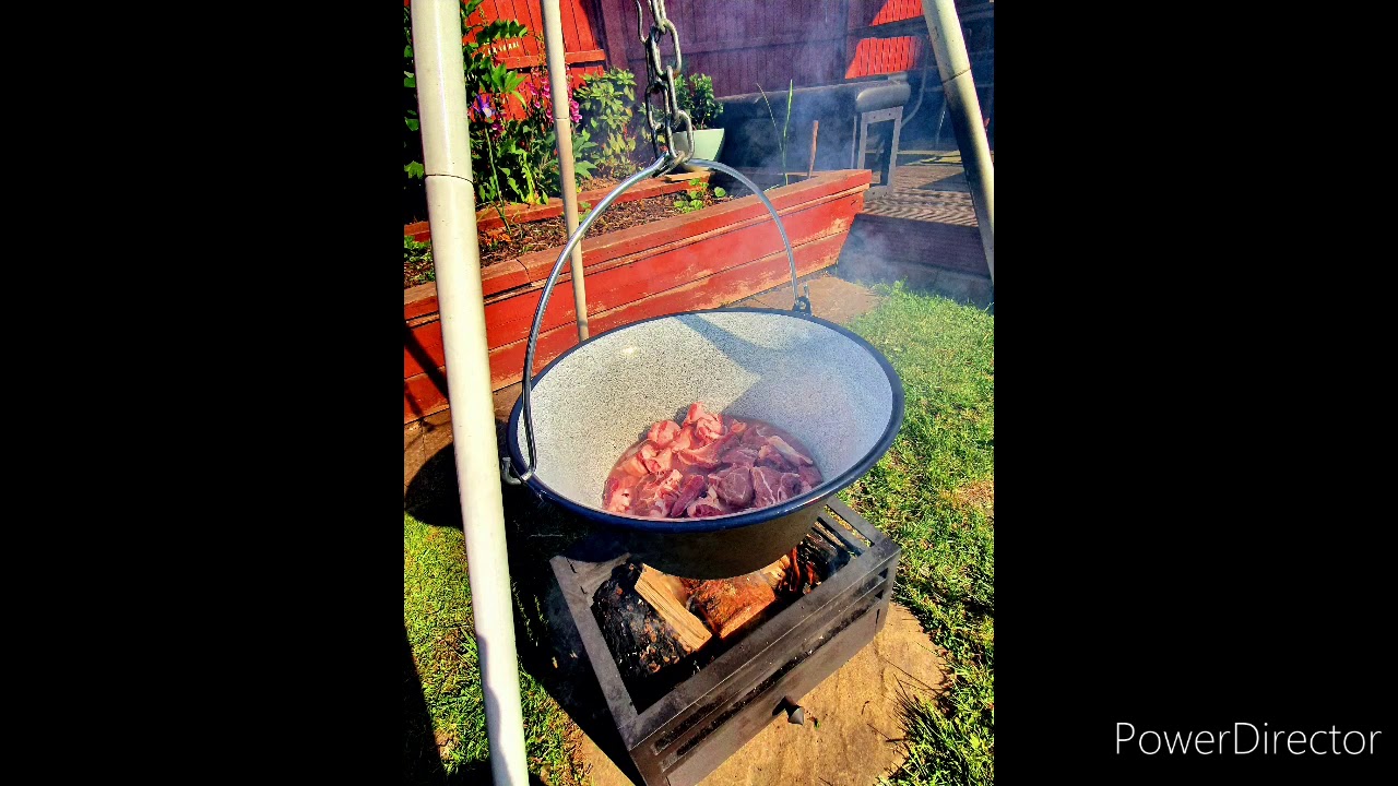Lamb stew made in a Hungarian kettle pot cauldron