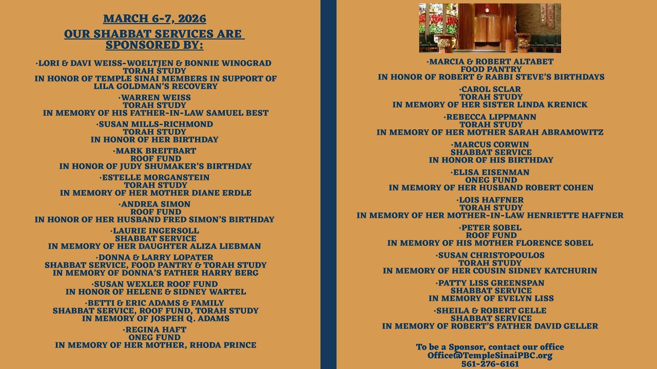 Erev Shabbat Services March 6, 2026 7:30 PM