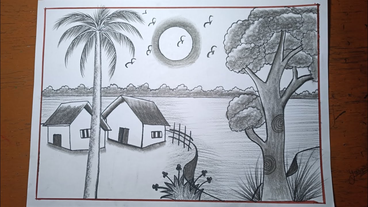 Sunset nature drawing easy step by step/How to make village scenery/Gramer drisso drawing easy