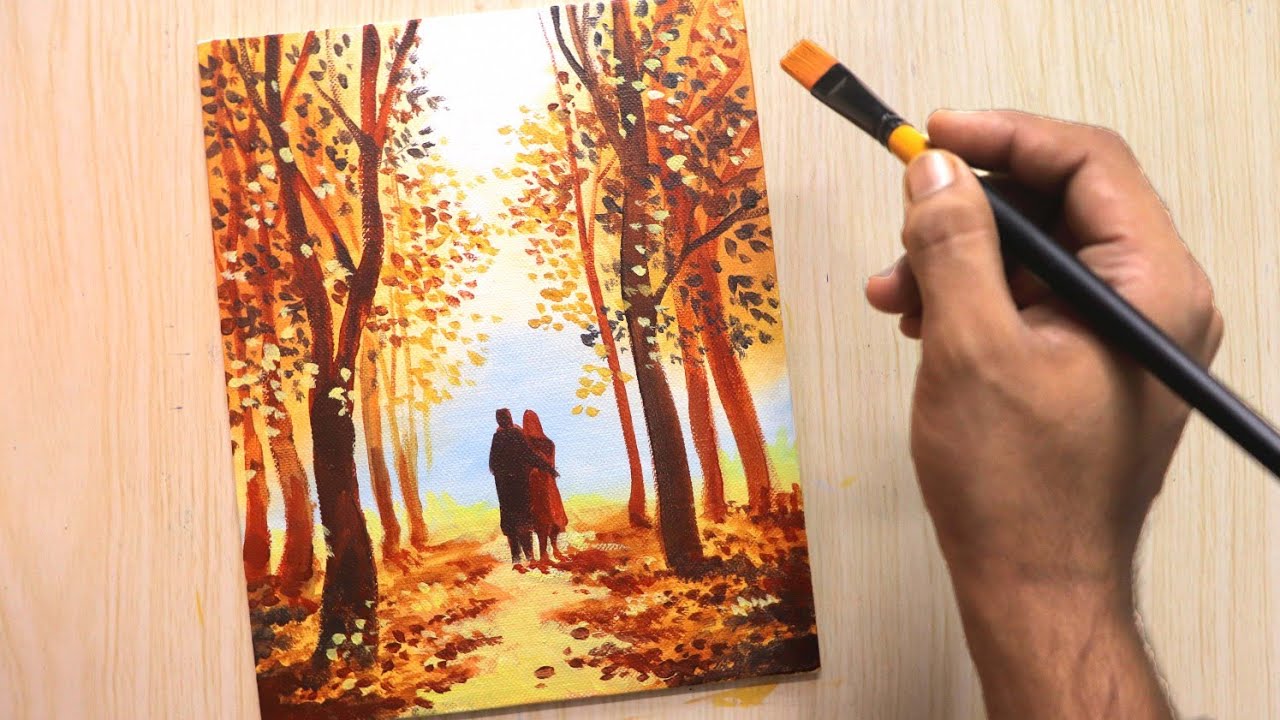 Acrylic painting of autumn season landscape painting with trees and couple