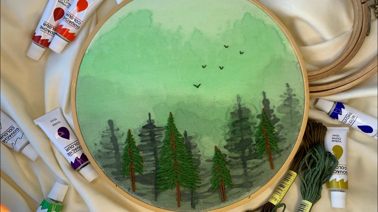 للمبتدئين طريقة دمج الصباغة مع التطريز /طريقة رسم 🎨 لوحة 🏞مطرزة/تطريز شحرة🌲