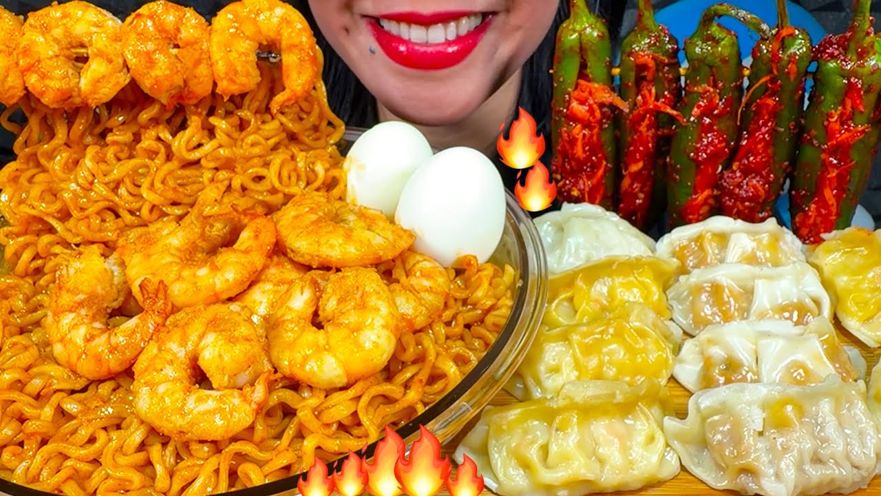 ASMR SPICY SHRIMP NOODLES, CHICKEN DUMPLINGS, EGGS, HOT CHILI KIMCHI MASSIVE Eating Sounds