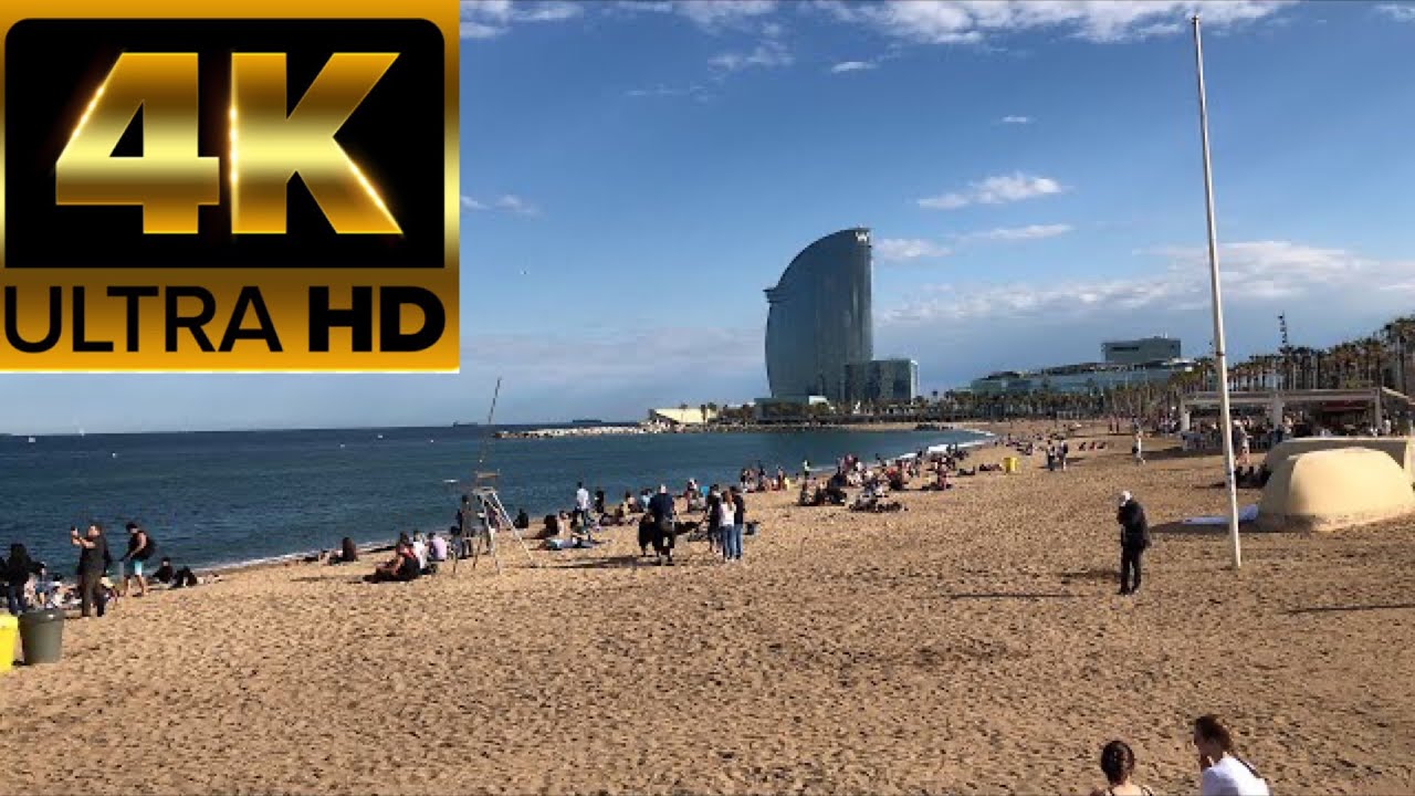 [4K] Walking Barcelona beach, Barceloneta sea 4k