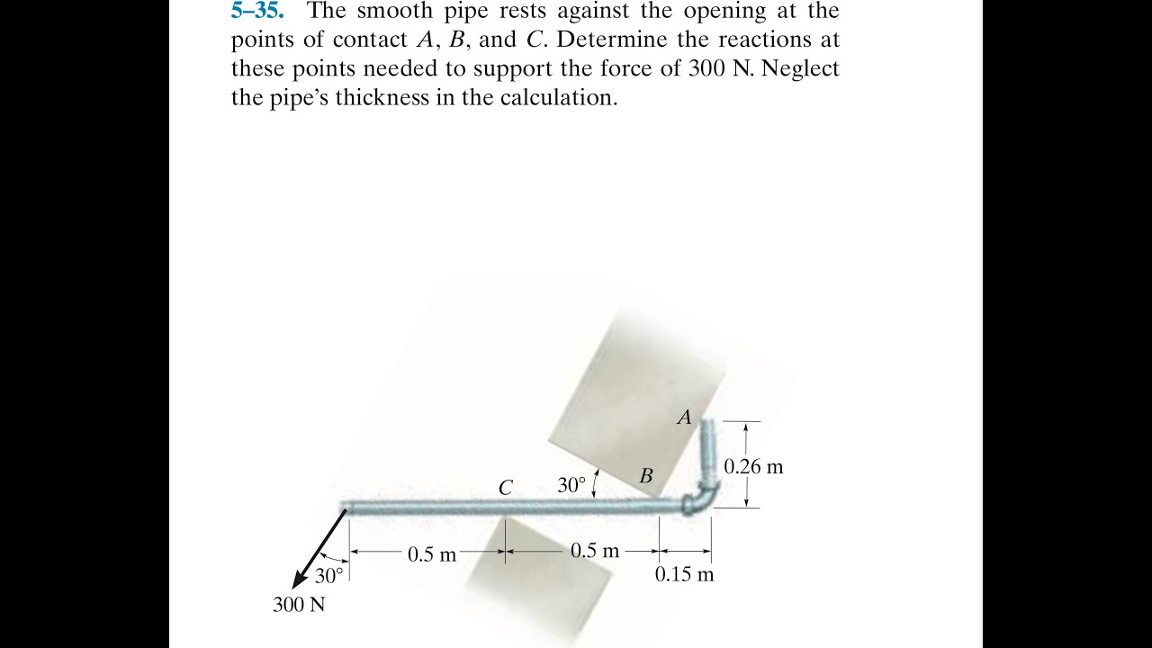 Statics 5.35 - The smooth pipe rests at points A, B and C... Determine the reactions at these points