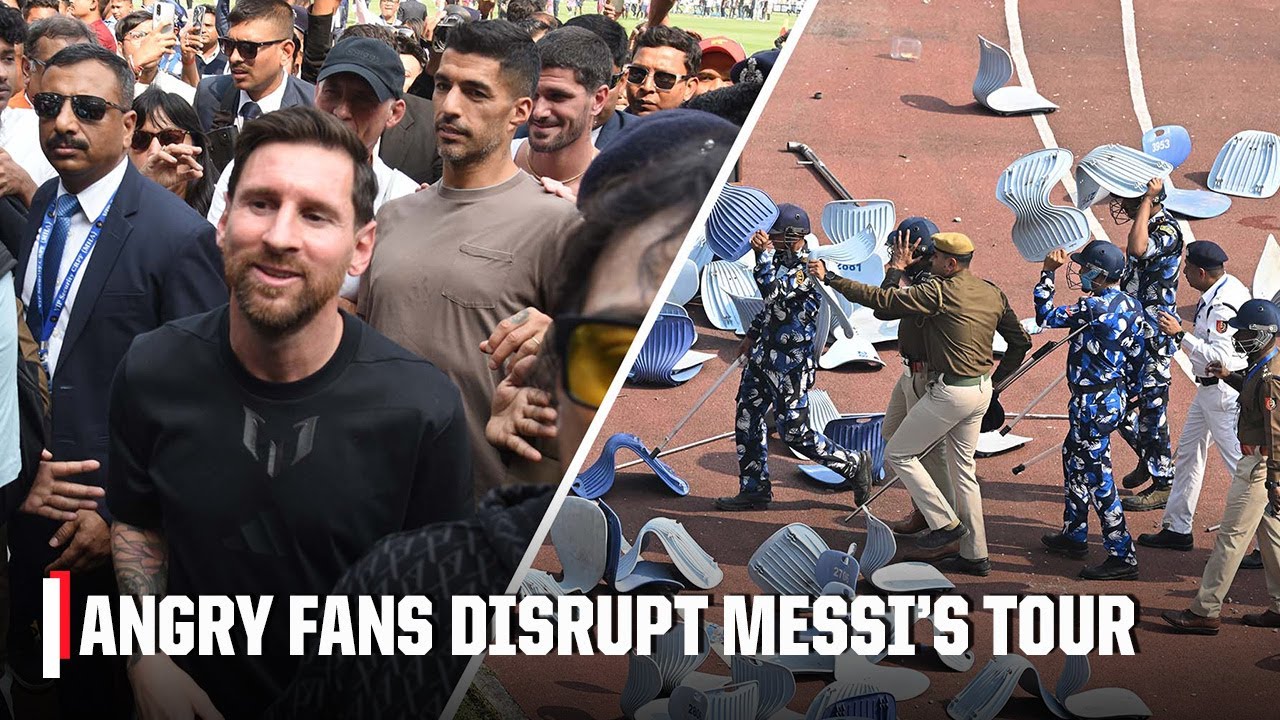 Lionel Messi&rsquo;s India tour descends into CHAOS as fans invade pitch and throw chairs | ESPN FC