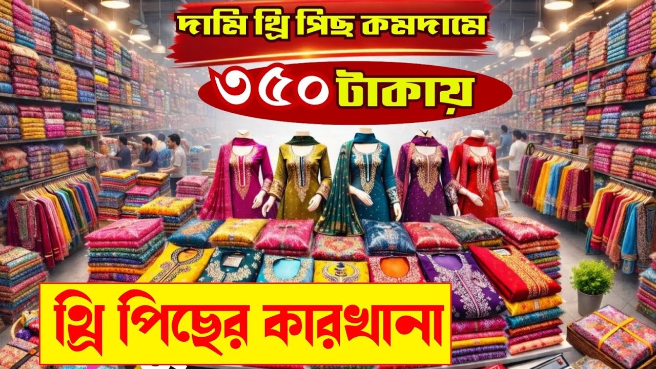 কারখানা থেকে পাইকারী দামে থ্রি পিছ কিনুন সস্তায় | wholesale three piece market in bunti bazar 