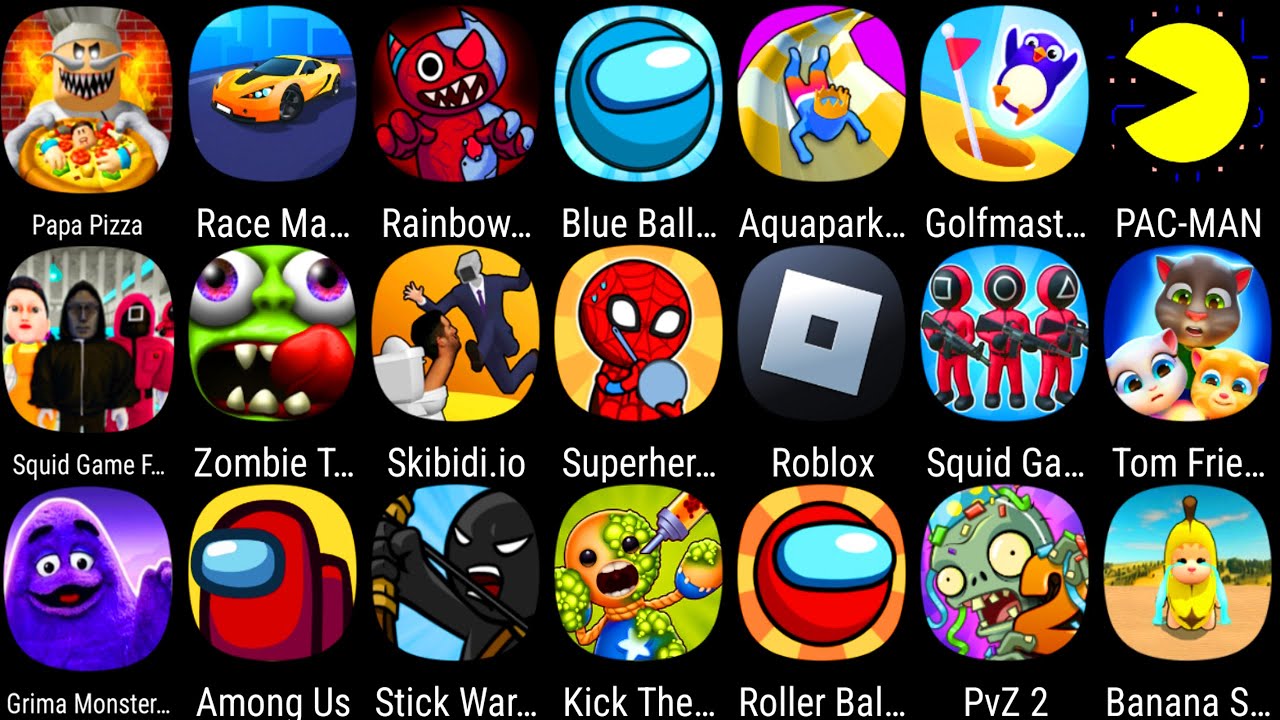 Grimace Monster Scary Survival,Squid Game Family,Aquapark io,Plants Vs Zombies 2,Skibidi io,Roblox