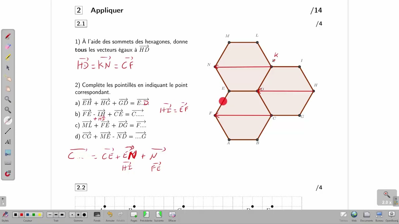 Geométrie plane 4ème secondaire : Exercice somme de vecteurs sur une figure donnée.