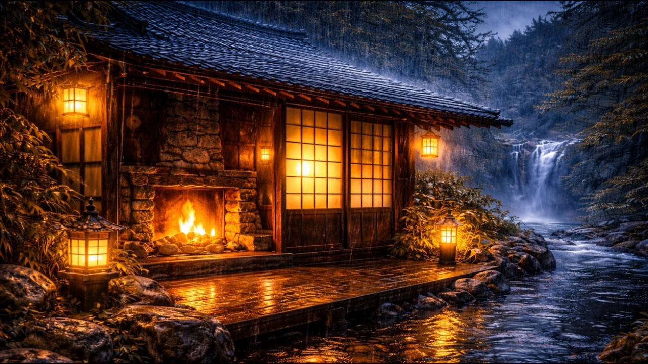 Japanese Cabin Rain with Fireplace 🌧️ Relaxing River & Waterfall Sounds for Sleep