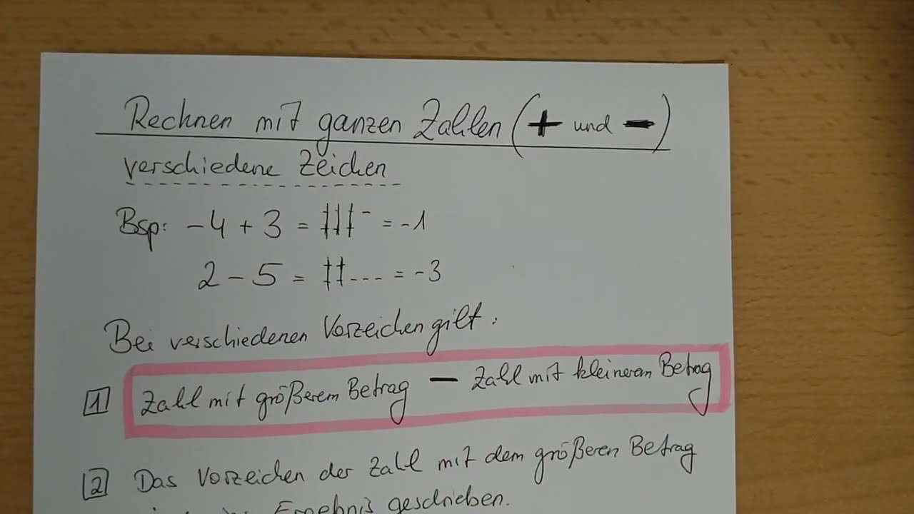 Rechnen mit ganzen Zahlen - Addition und Subtraktion mit verschiedenen Zeichen