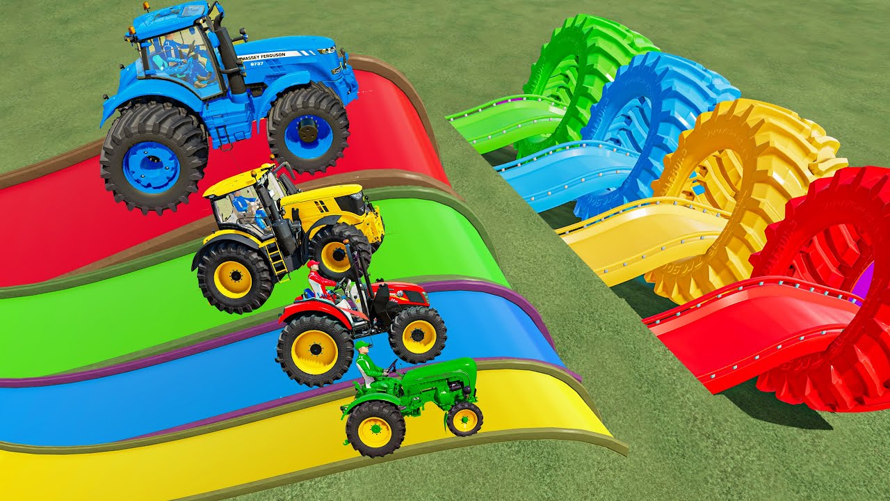 MINI & BIG TRACTOR vs SLIDE COLORS with PORTAL TRAP - TRACTORS vs DEEP WATER! FS22