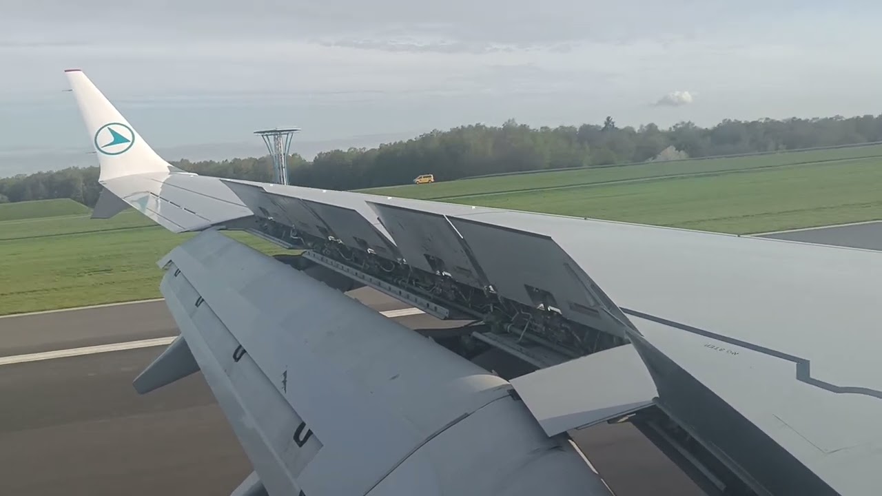 Luxair Boeing 737-8 MAX landing at Luxembourg Findel Airport.