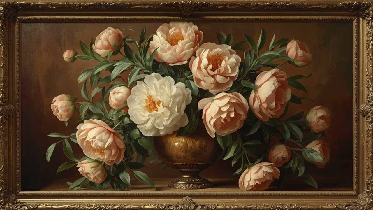 Vintage Peony Oil Painting in Ornate Gold Frame 🌸 Elegant Floral Art 4K  Relaxing TV Screensaver