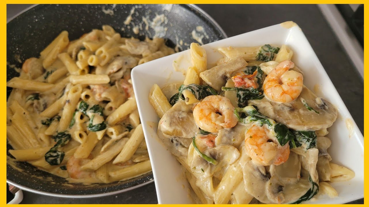 LEKKERSTE PASTA PENNE GARNALEN | SPiNAZiE | CHAMPiGNONS | ROOMSAUS | RECEPTEN OUM YOUNES #144