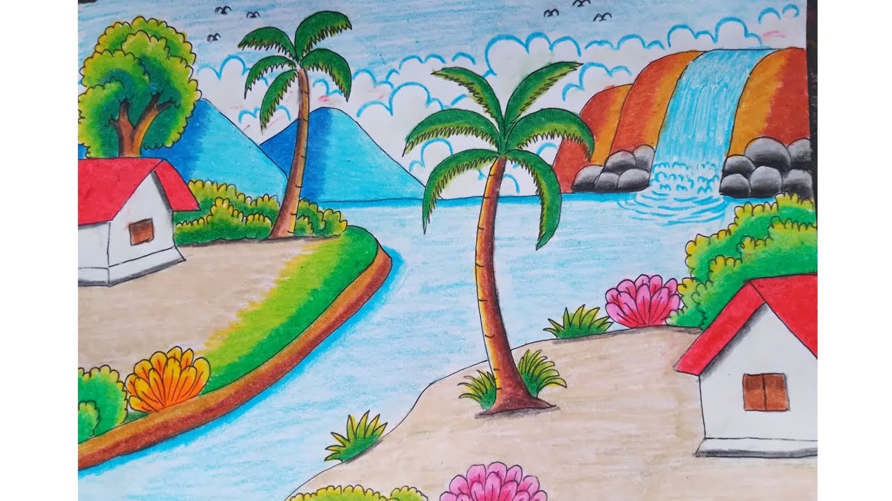 Very easy drawing landscape step-by-step and Amazing waterfall of nature | village scenery drawing