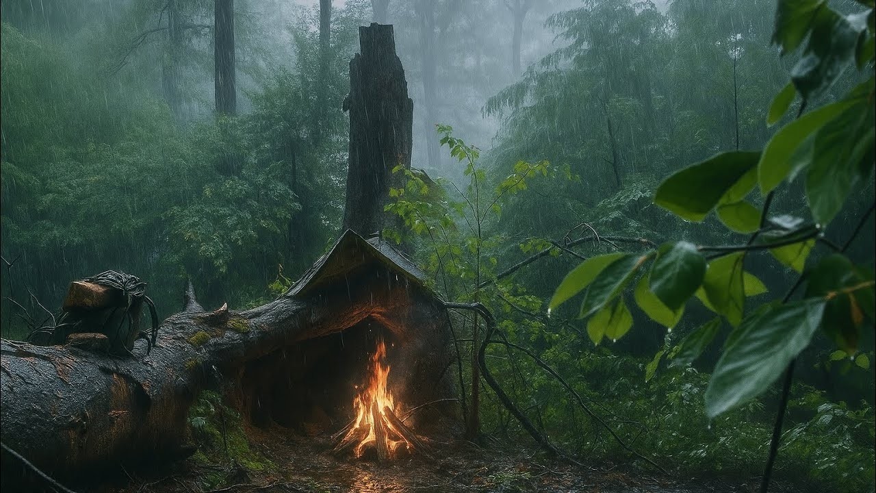 Alone in Heavy Rainstorm  Solo Survival Camping & Bushcraft Shelter Cooking Steak in the Wild Forest